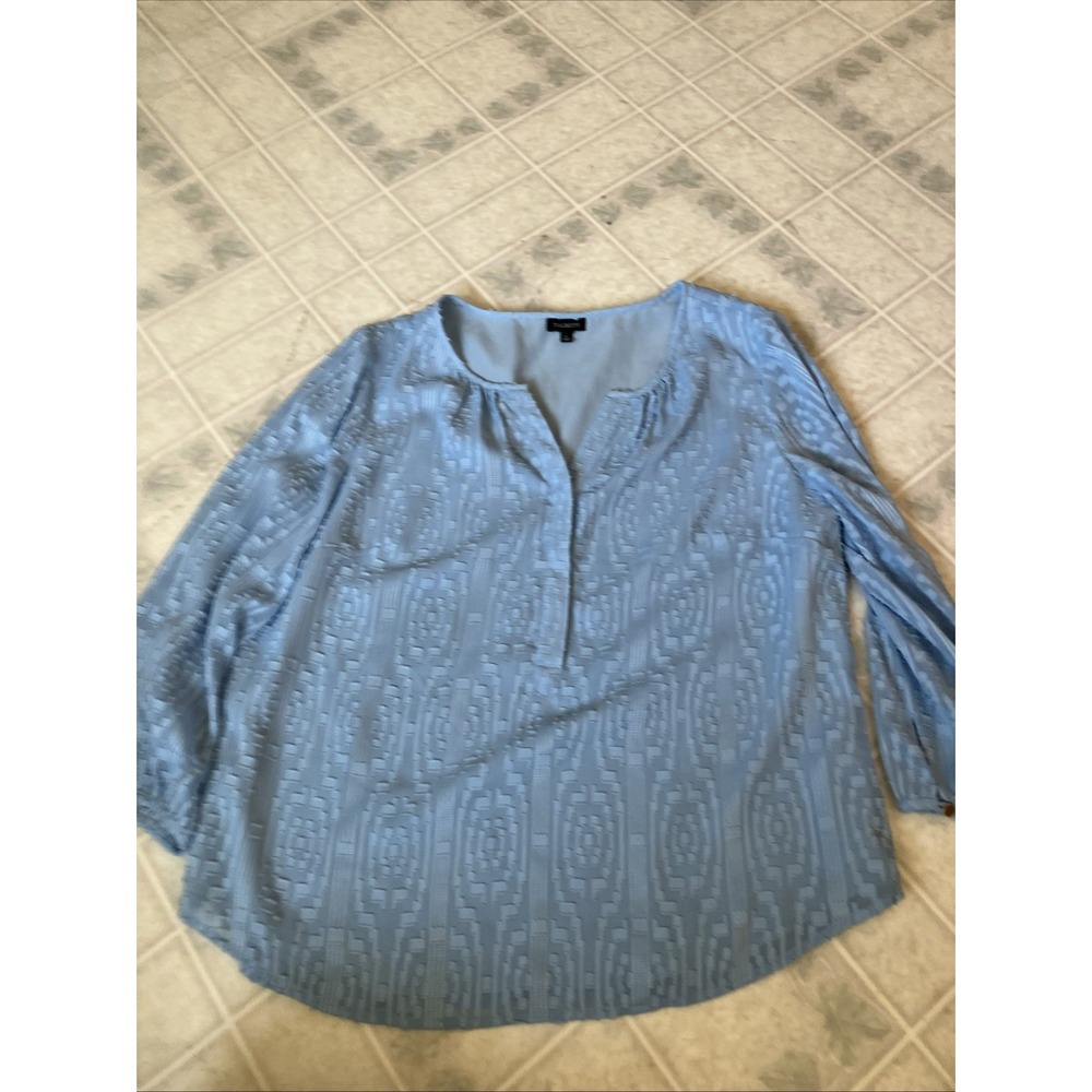Talbots 3/4 Sleeve Blue Textured Satin‎ Silky Loose Popover Blouse Sz Large